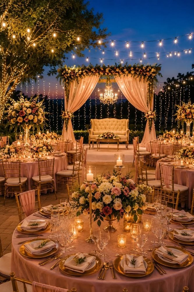 Rooftop lounge with fairy lights